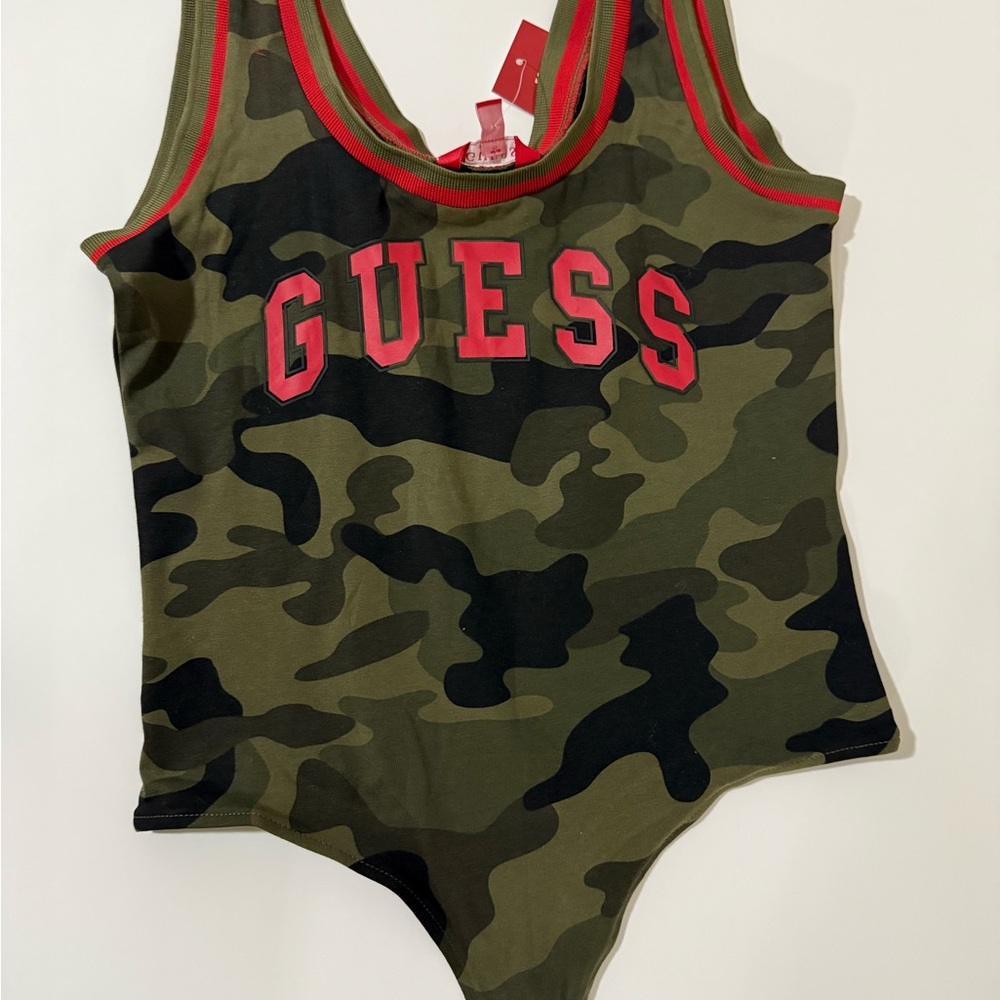 Guess Green Camouflage Thong Bodysuit with Red Trim size M new with Tags